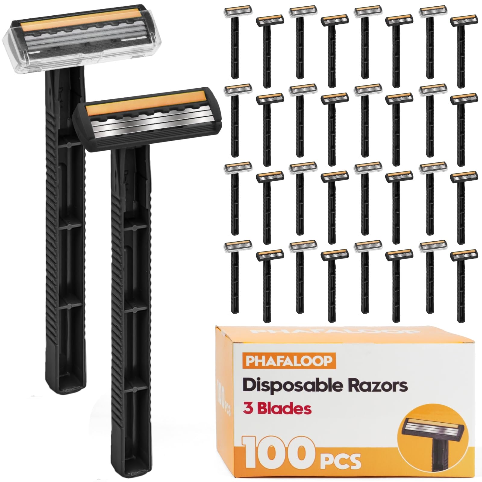 Phafaloop front view of pack showing 100 razors for value and convenience