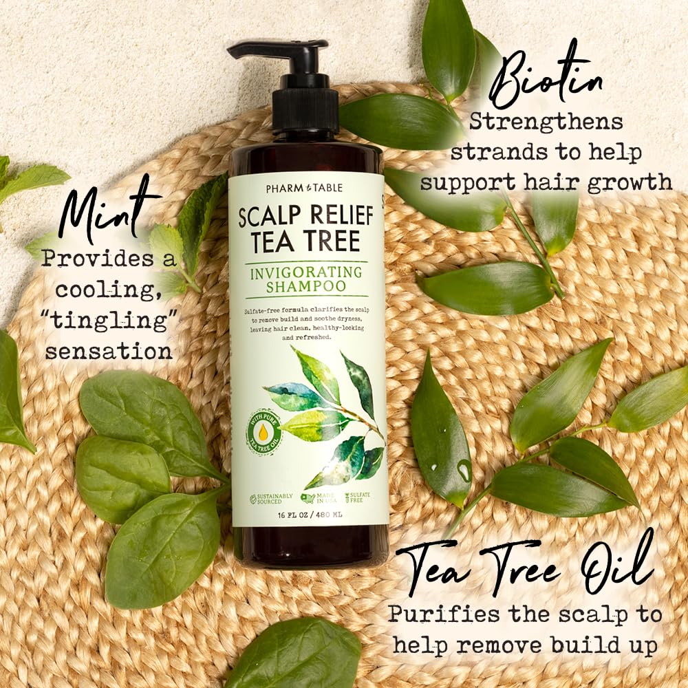 PHARM TO TABLE tea tree oil and mint leaf close-up highlighting natural ingredients