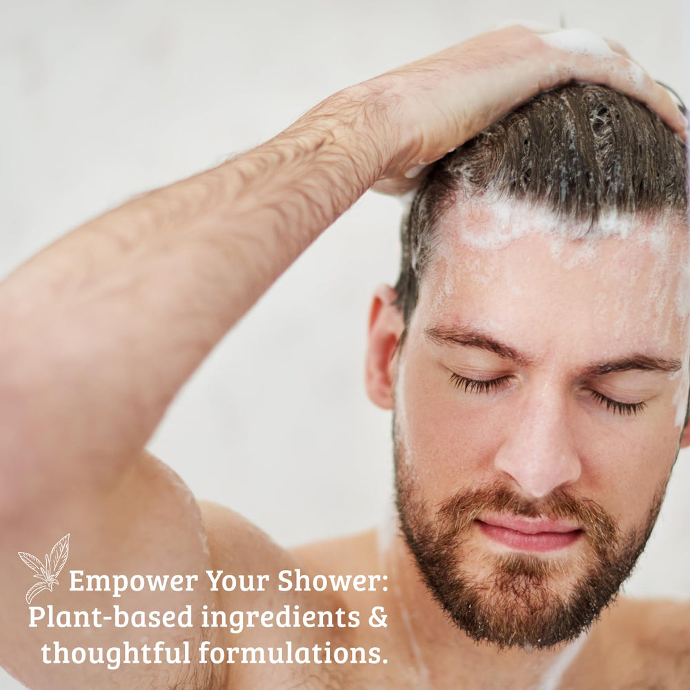 Pharmacopia shampoo in shower setting demonstrating everyday use benefit