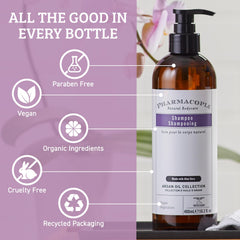 Pharmacopia label close-up highlighting natural ingredients and clarity benefit