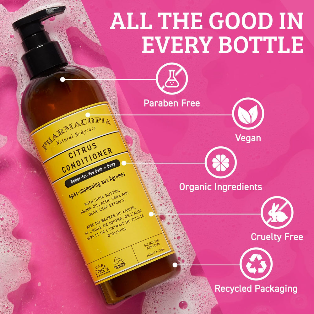 Pharmacopia conditioner staged in bathroom for everyday routine convenience