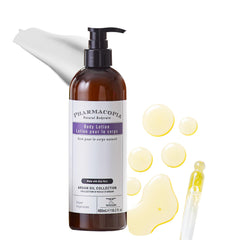 Pharmacopia front label of 16 oz argan oil lotion showing hotel collection benefit