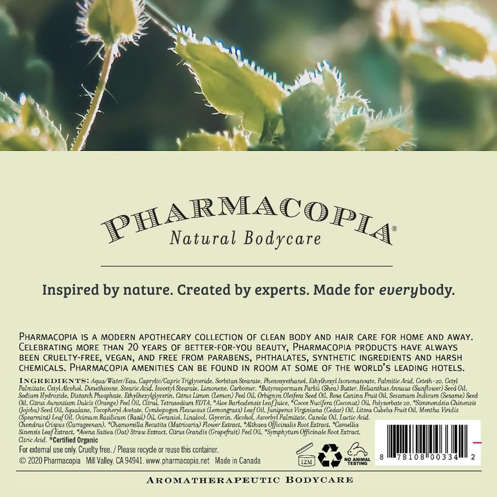 Pharmacopia shampoo on bathroom shelf in lifestyle scene promoting daily use