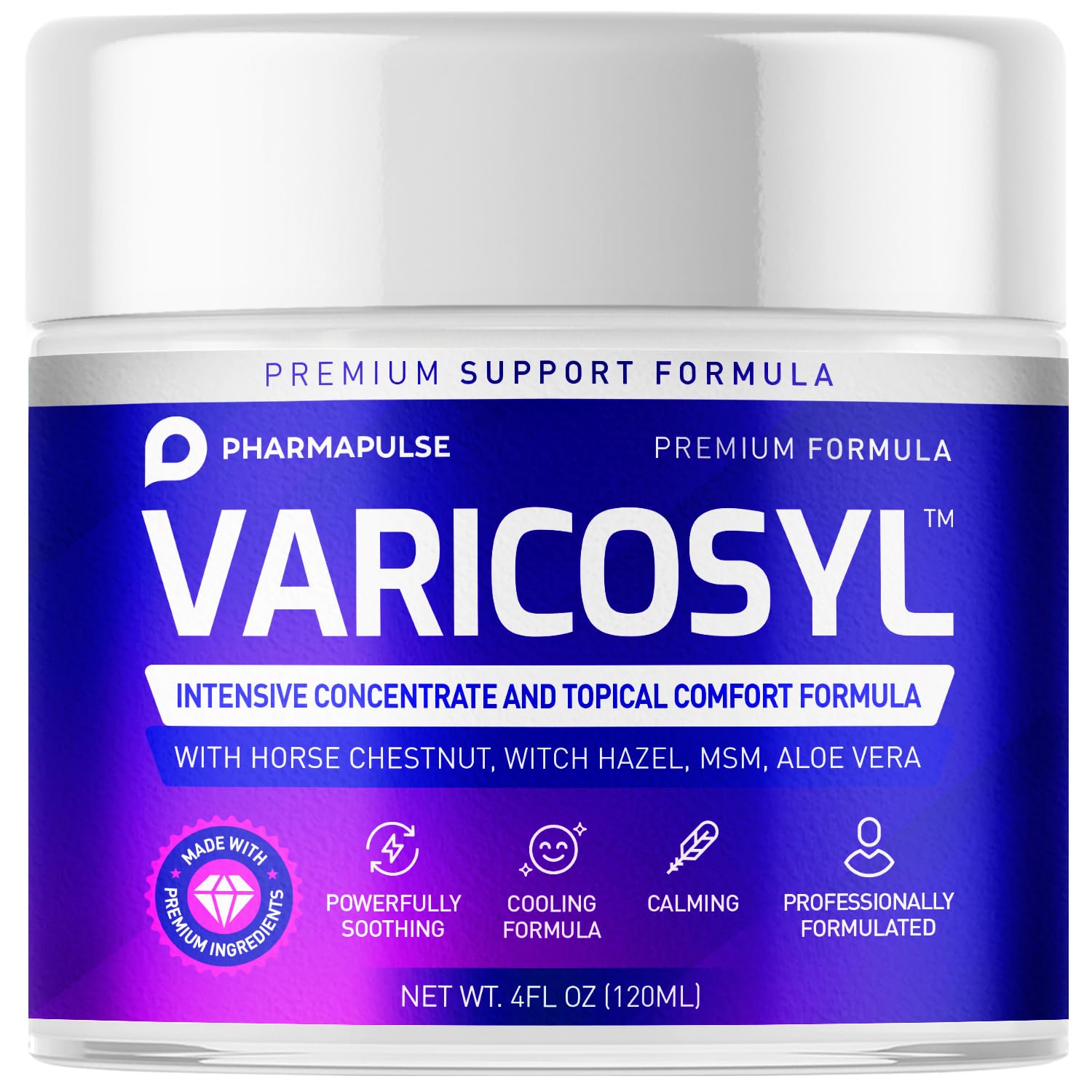 Pharmapulse Varicosyl front jar showing label and 4oz size for easy identification and benefit