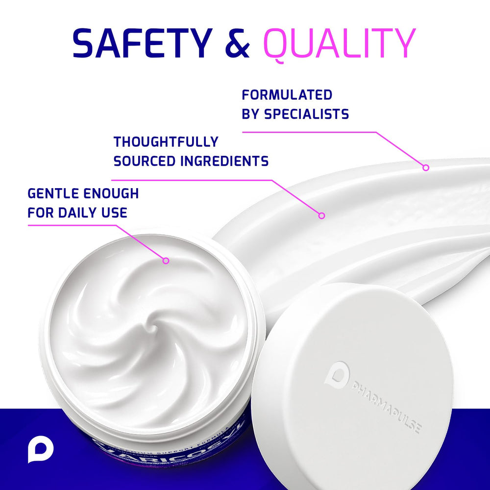 Pharmapulse Varicosyl next to travel items showing compact 4oz jar ideal for on-the-go