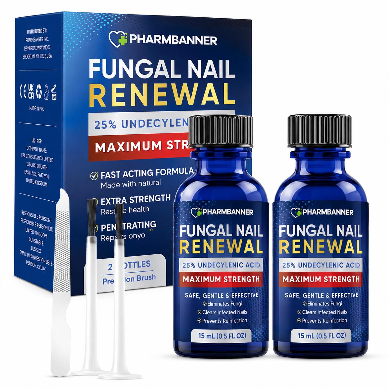 PHARMBANNER front packaging showing two-bottle kit and nail file for reliable care