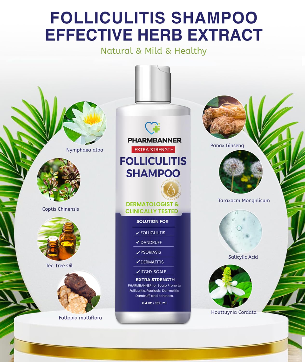PHARMBANNER label close-up highlighting ingredients like tea tree oil benefits