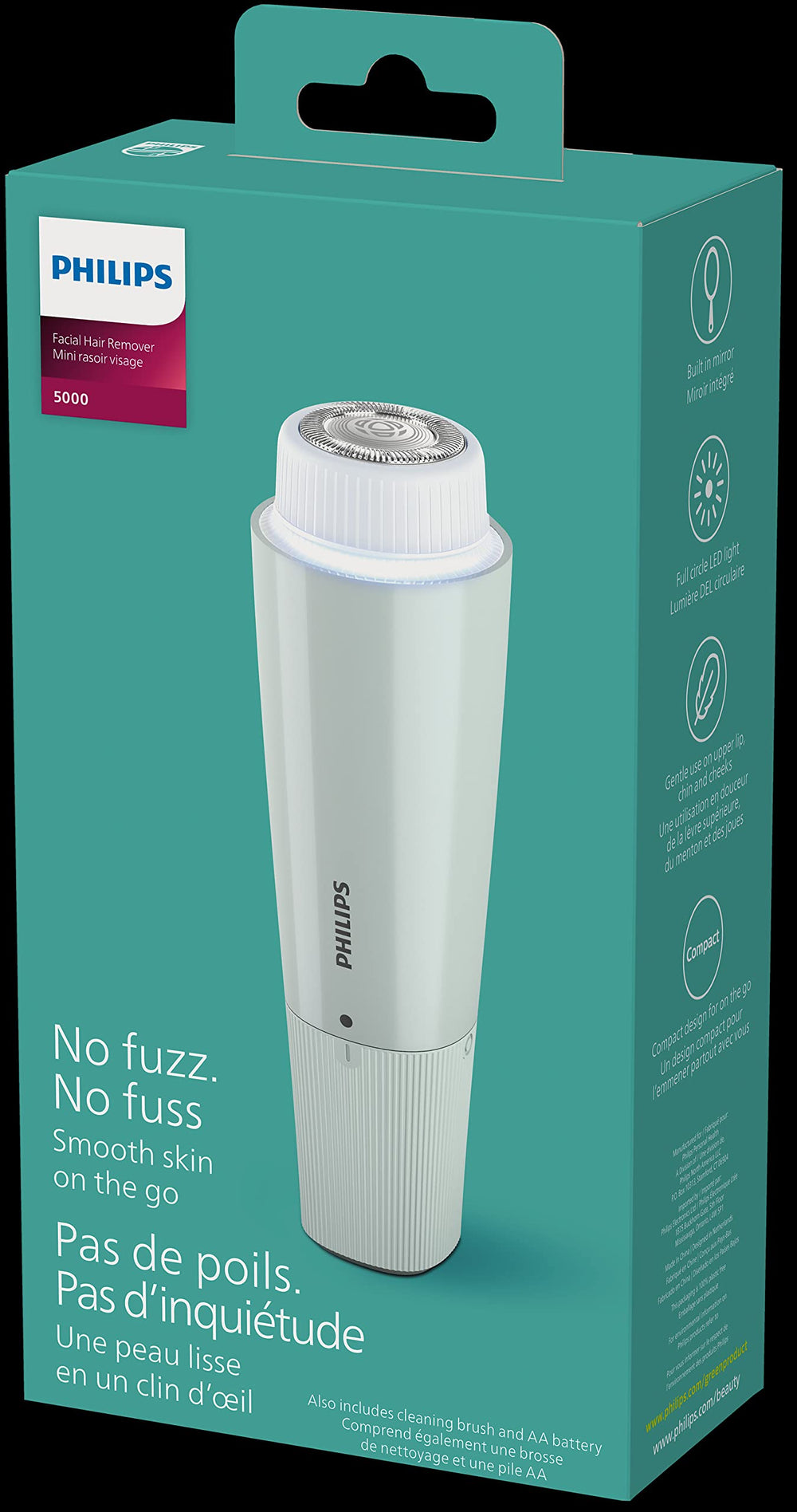 Philips Beauty retail packaging with included AA battery ready to use out of box