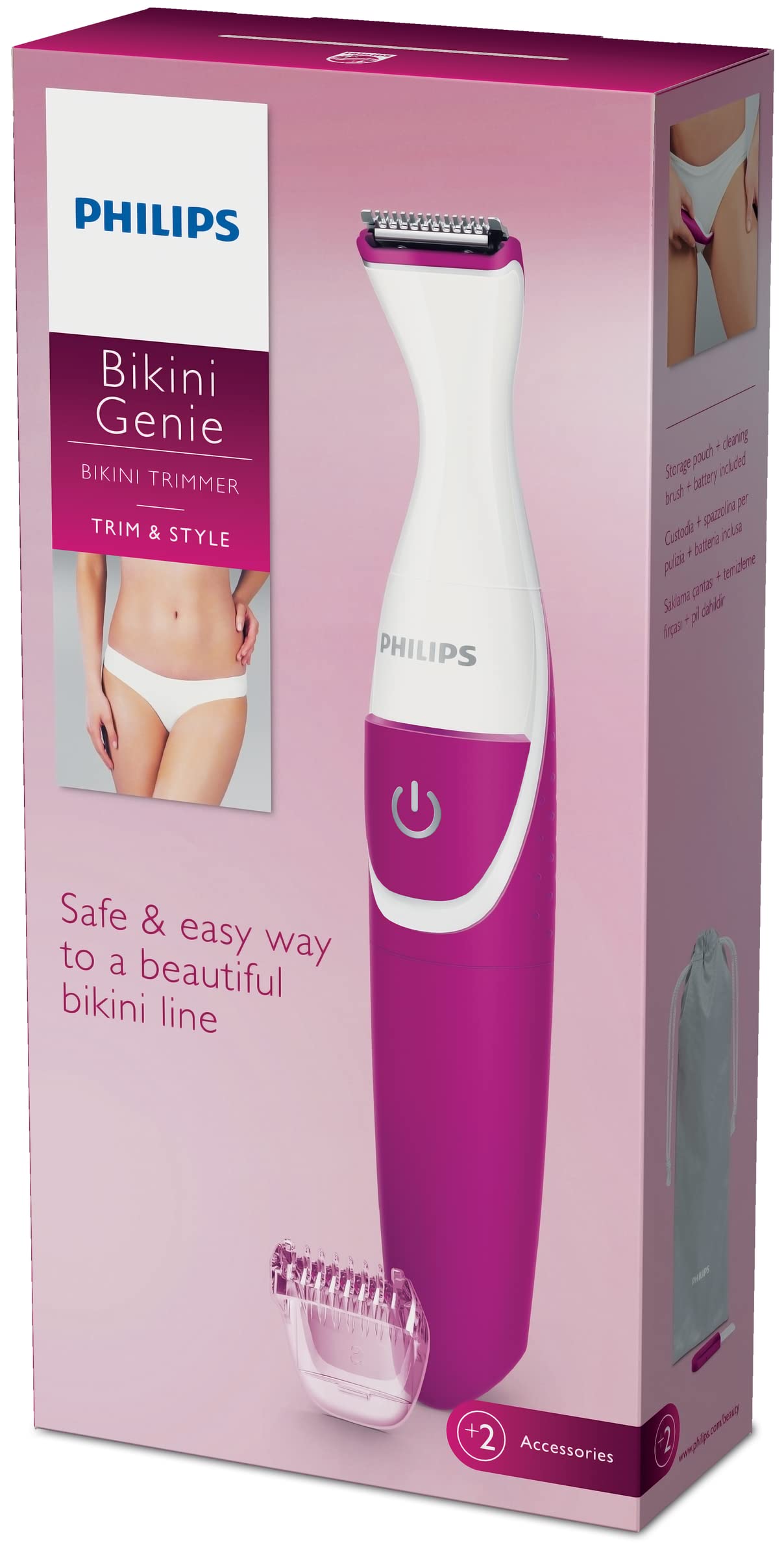 PHILIPS BikiniGenie positioned on bathroom counter to show everyday grooming convenience