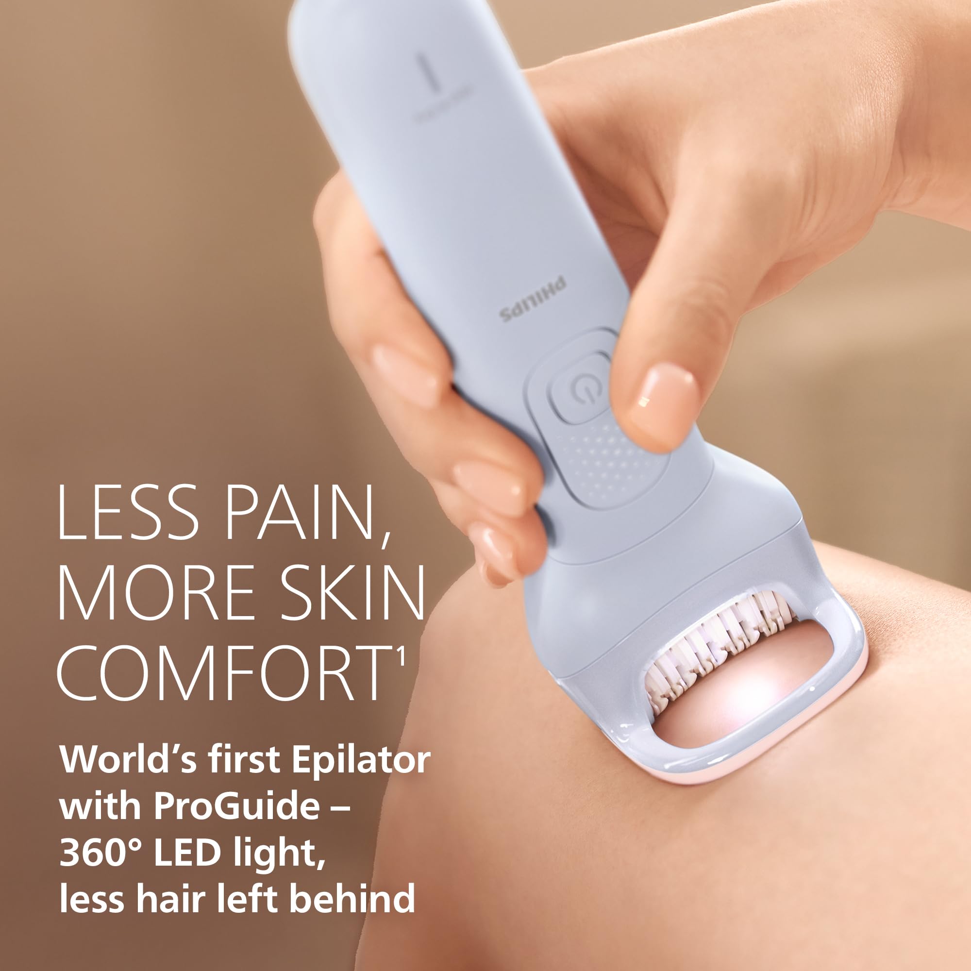 Close-up of 32 ceramic tweezers on Philips epilator illustrating gentle, hypoallergenic grip