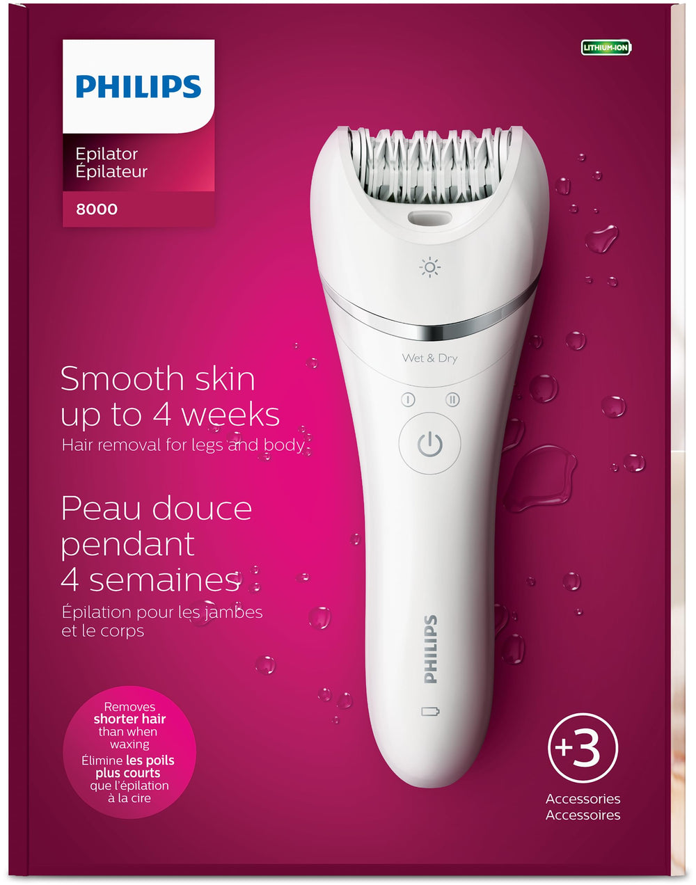 Norelco epilator beside a hand for scale showing compact, travel-ready size