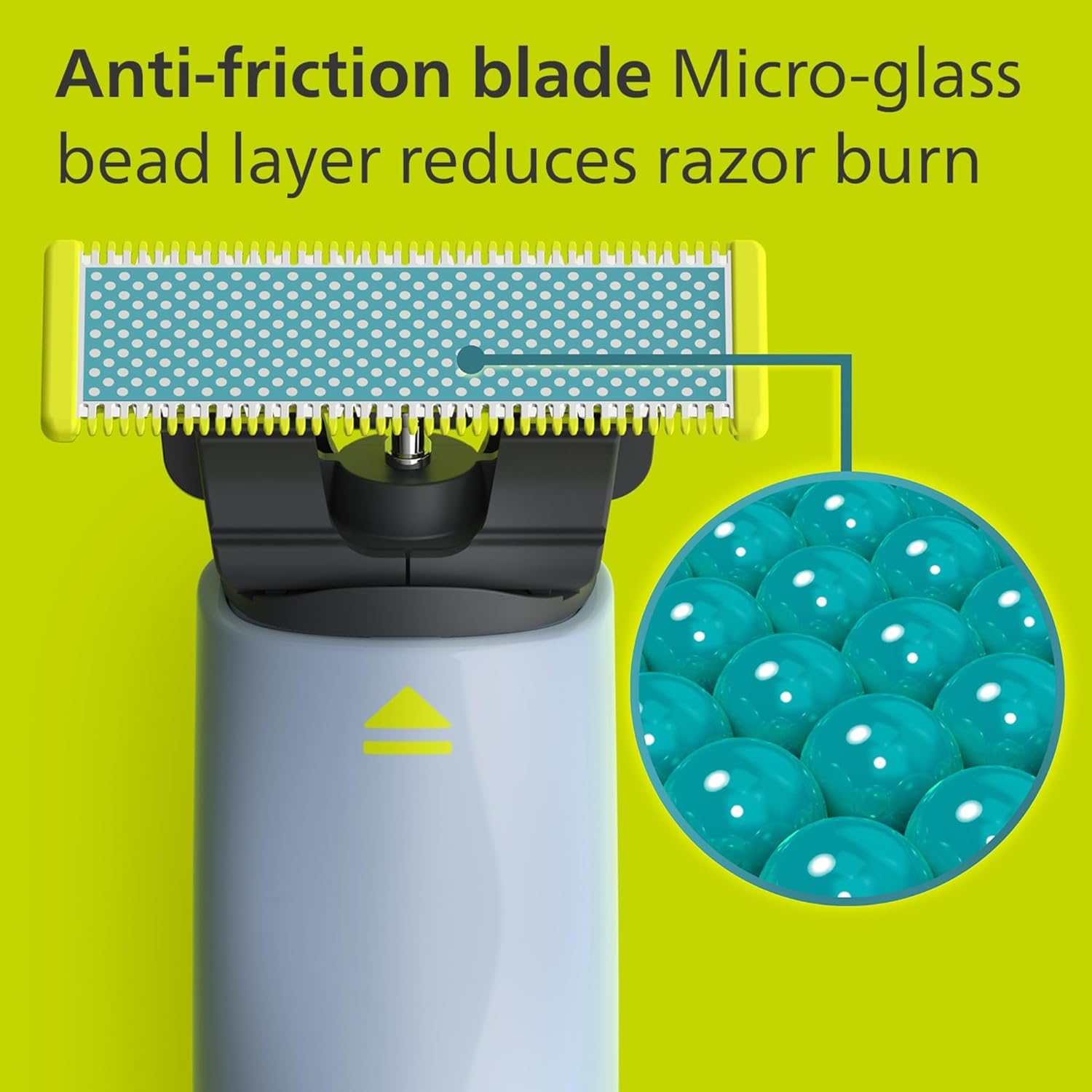PHILIPS OneBlade blade close-up highlighting protective plate and micro-glass bead coating for smoother glide