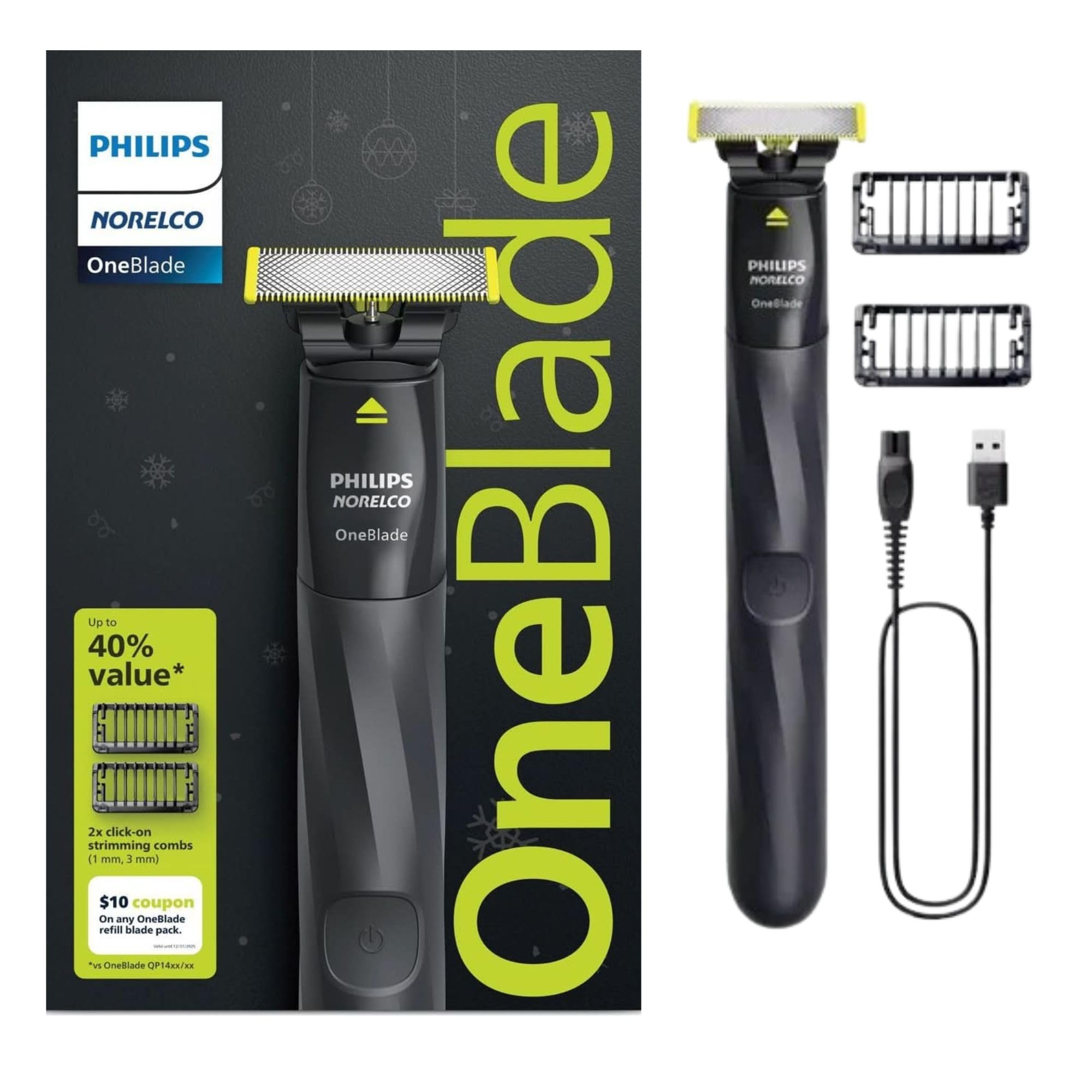 PHILIPS OneBlade dual-sided blade closeup highlighting precision edges for defined lines