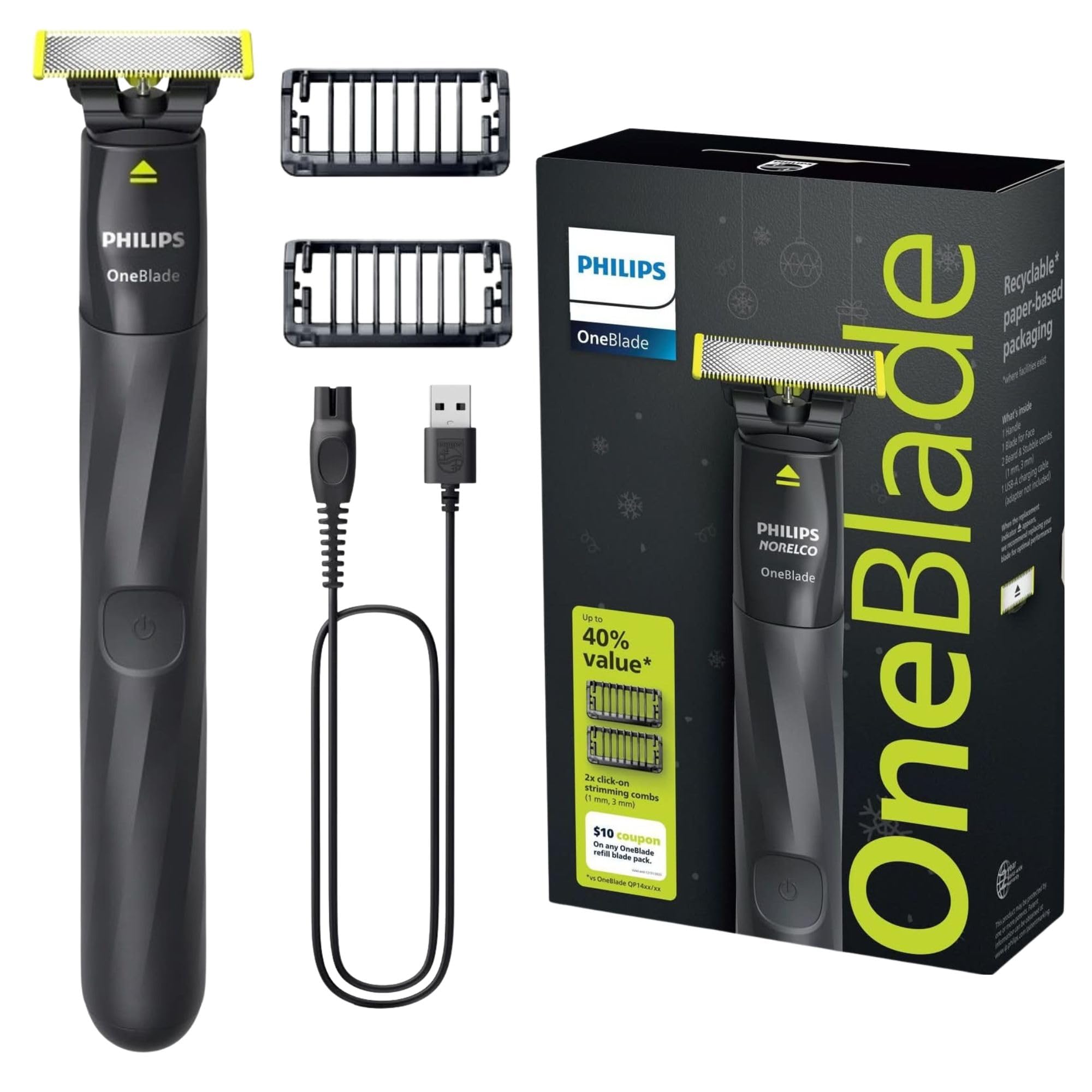 PHILIPS OneBlade front view showing compact design and ergonomic grip for easier grooming