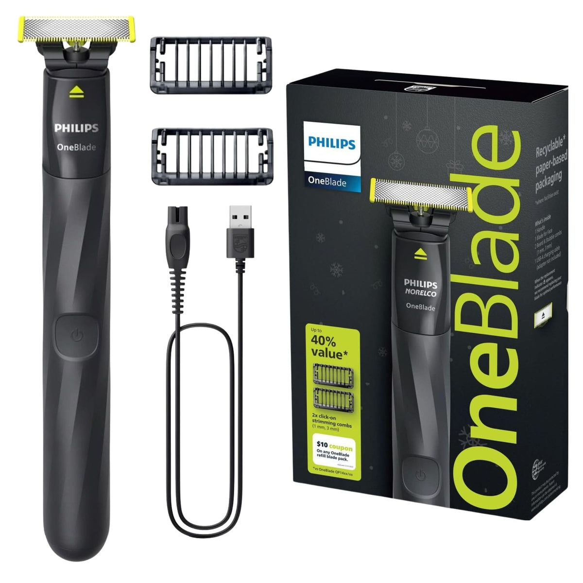 PHILIPS OneBlade front view showing compact design and ergonomic grip for easier grooming