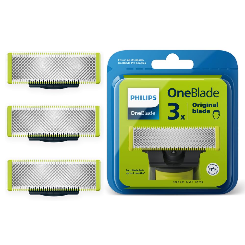 Philips OneBlade replacement blade front packaging showing three blades for precise grooming
