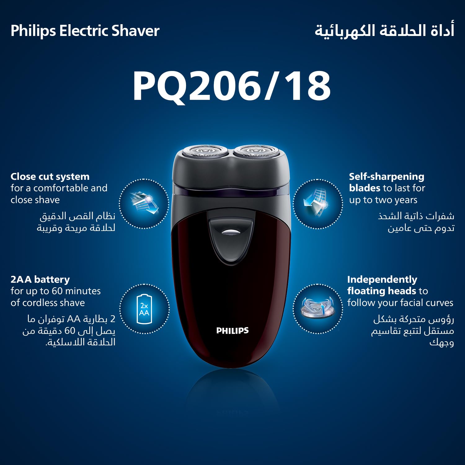 PHILIPS shaver head close-up highlighting self-sharpening blades benefit