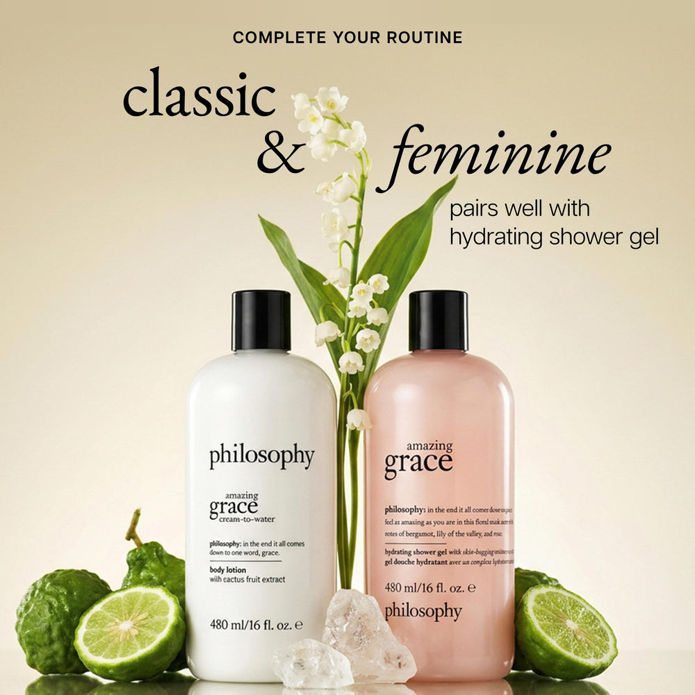 philosophy 16 fl oz bottle beside common items showing true scale and travel size