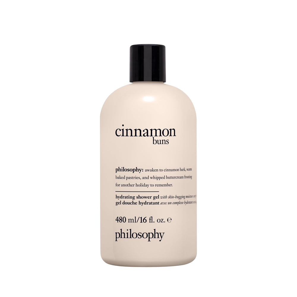 philosophy cinnamon bun front bottle showing label and 16 oz size, inviting scent