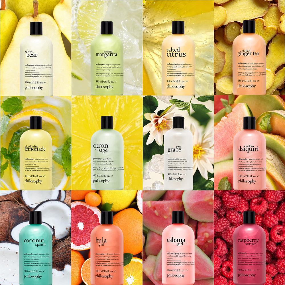 philosophy bottle on bathroom shelf with towel, creates relaxing self-care vibe