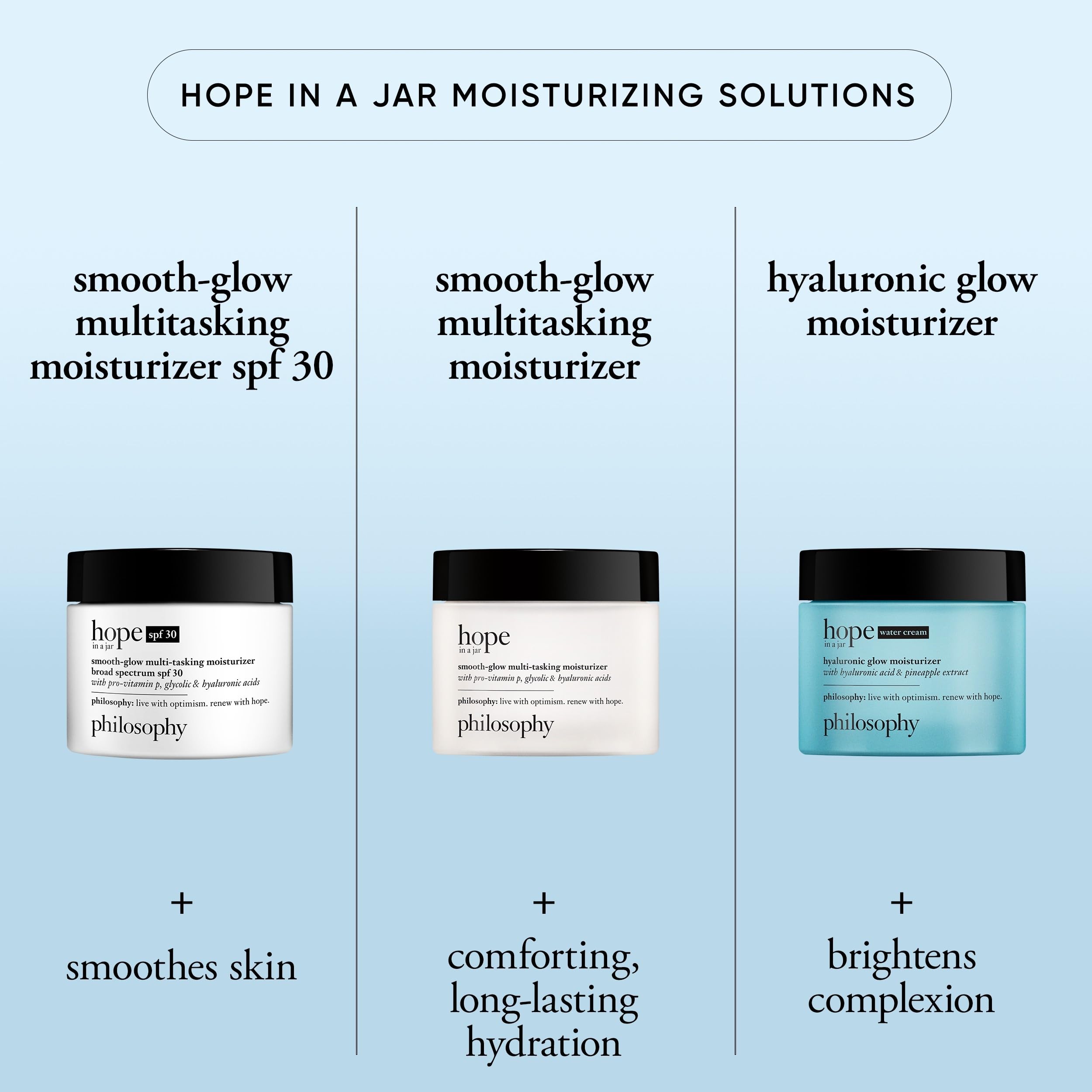 philosophy hope in a jar ingredients label highlighting glycolic and hyaluronic benefits