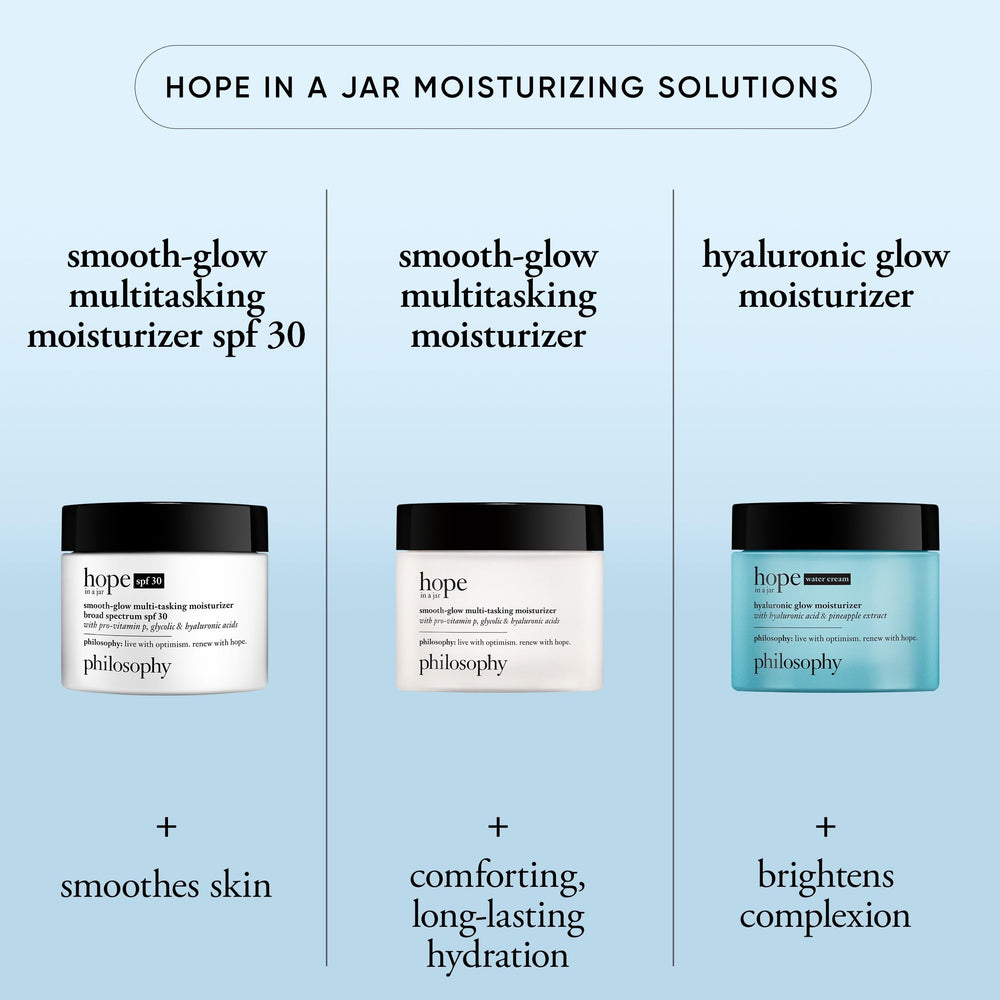 philosophy hope in a jar ingredients label highlighting glycolic and hyaluronic benefits