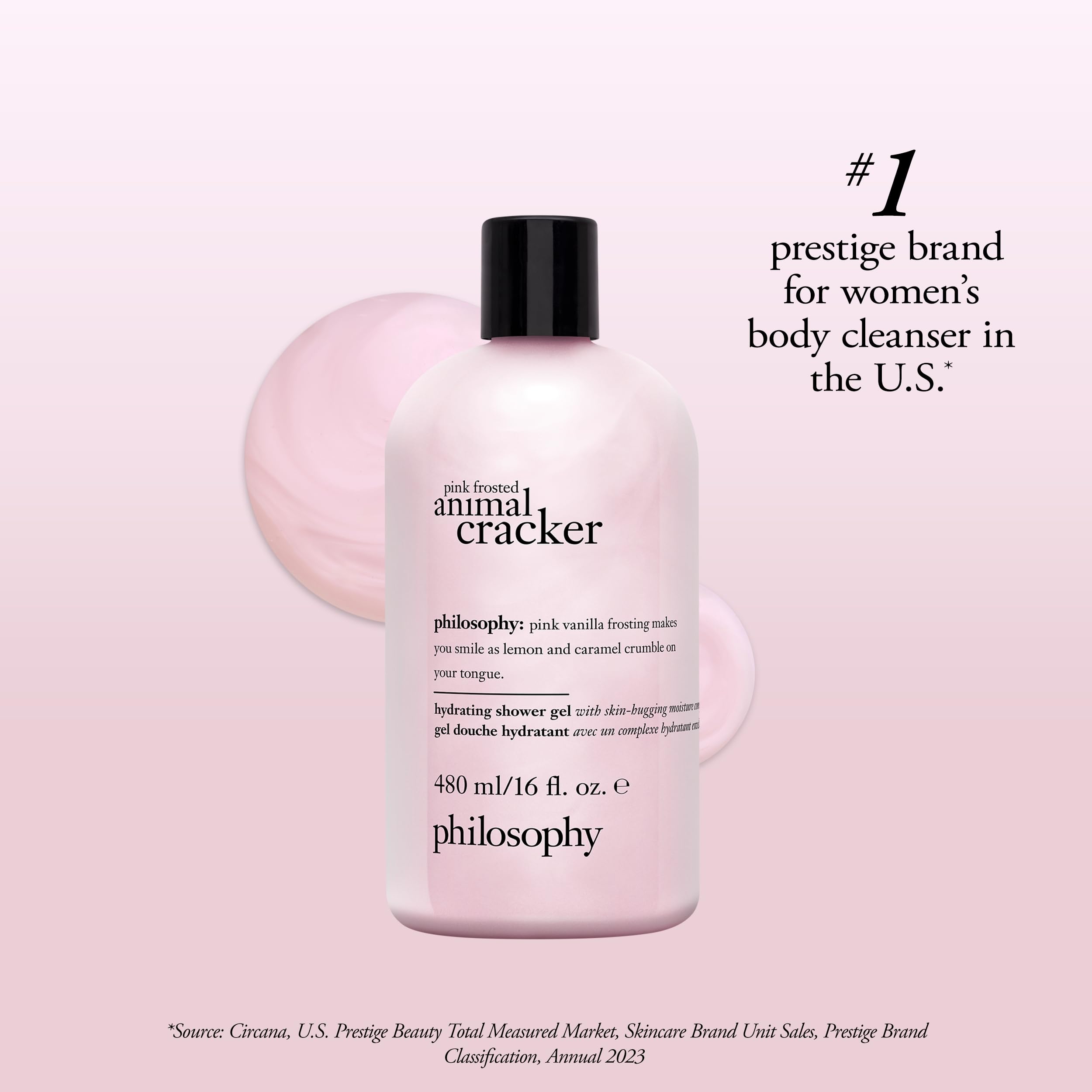 philosophy bottle staged with towel and vanilla accents suggesting soothing, bakery-inspired fragrance