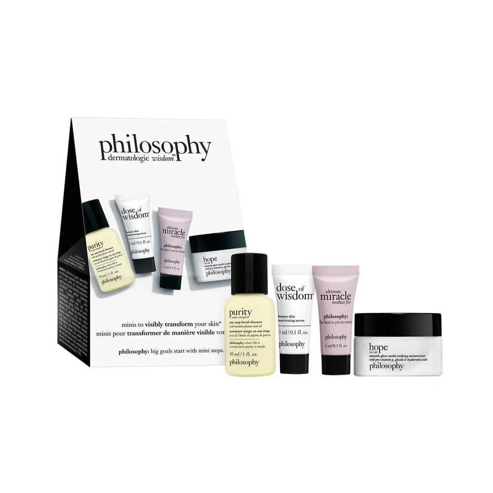 philosophy front packaging of travel set showing all four minis for convenient routines