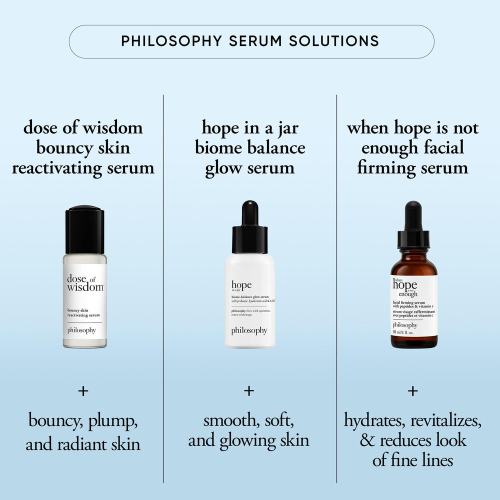 philosophy bottle next to hand for scale, travel-friendly 1 fl oz benefit