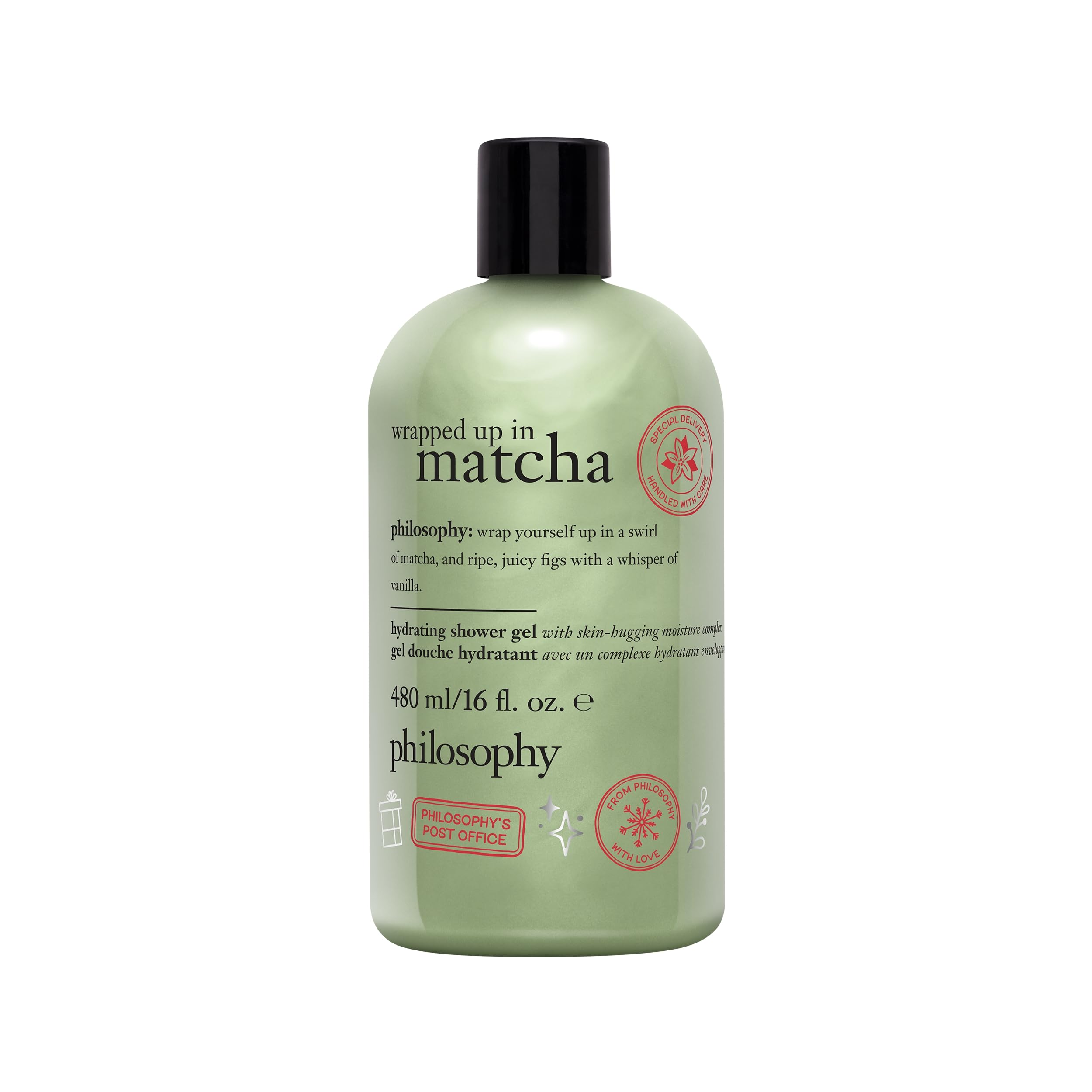 philosophy bottle front view showing limited-edition matcha holiday packaging and gift-ready design