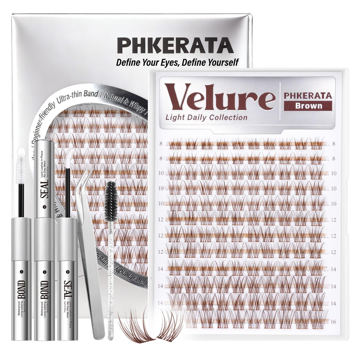 PHKERATA front packaging showing the Velure brown lash kit benefit of easy DIY styling