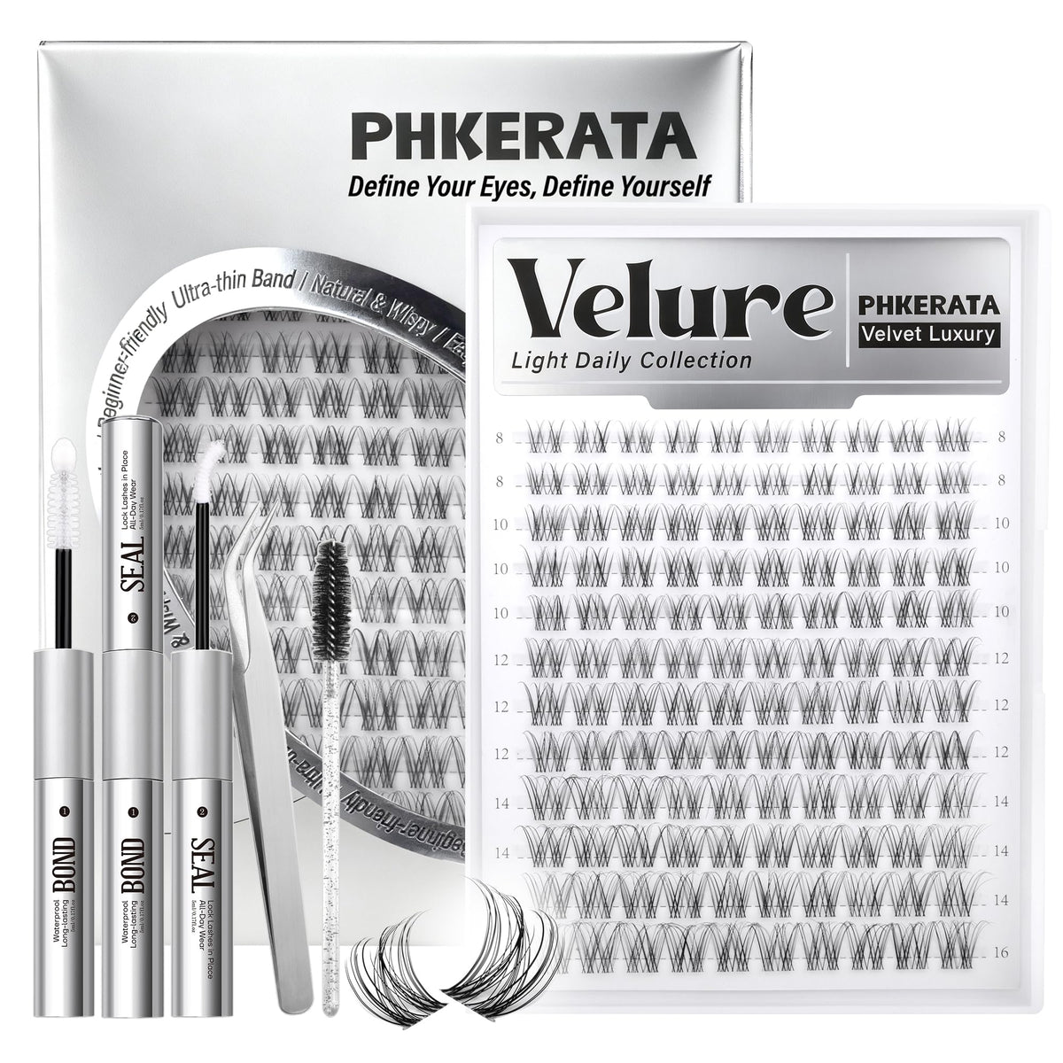 PHKERATA front packaging showing full Velure Lash Clusters Kit and benefits