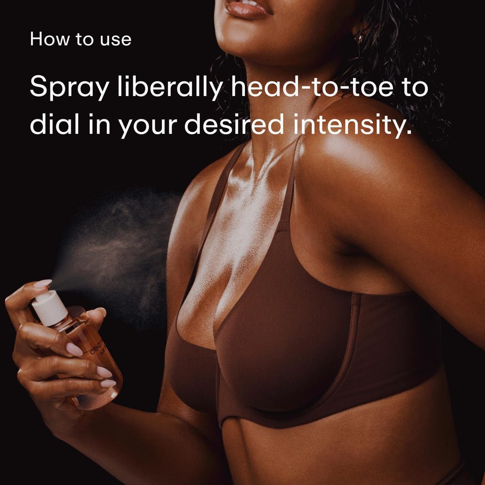 PHLUR spray visible on skin, demonstrates lightweight texture and quick dry