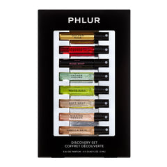 PHLUR discovery set front packaging showing eight labeled vials for easy sampling and gifting