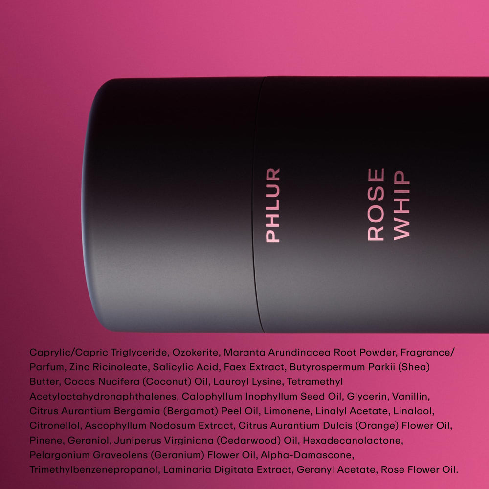 PHLUR label close-up showing Rose Whip fragrance notes and clean formula