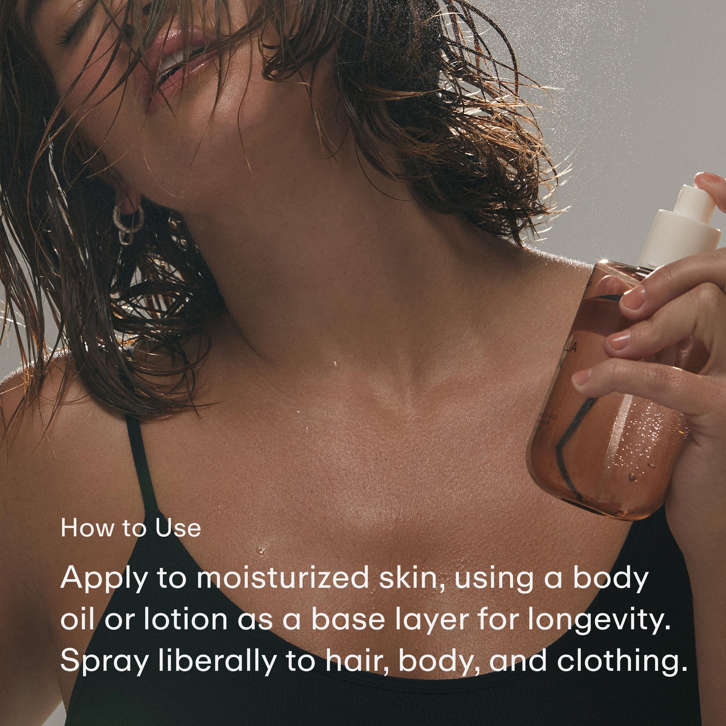 PHLUR misted hair ends showing gentle scenting without weighing hair down