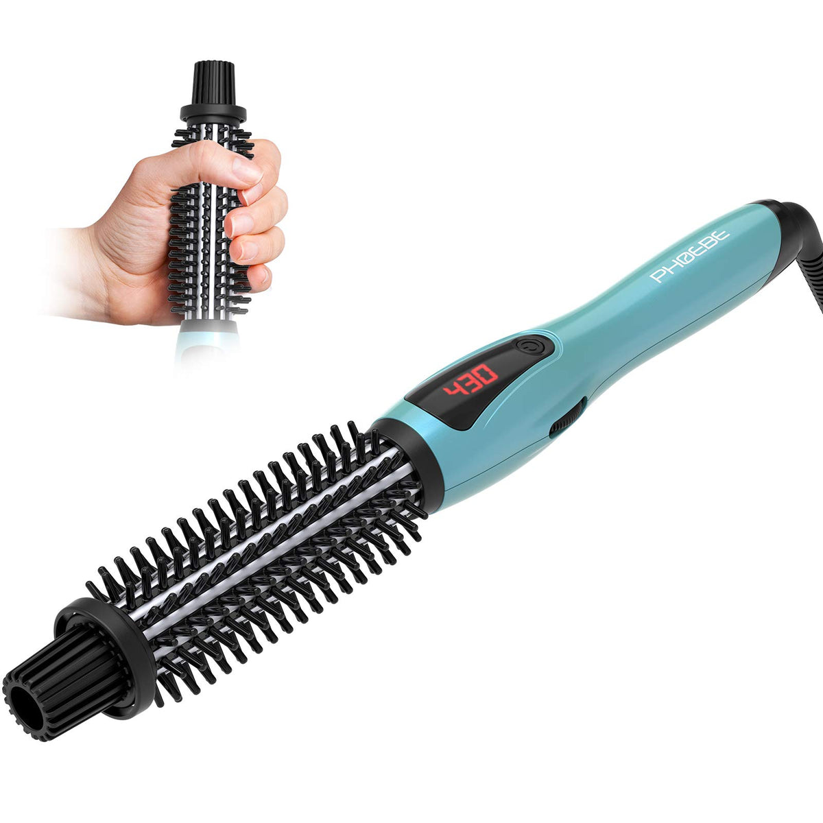 PHOEBE front view of curling brush showing barrel and handle for easy styling