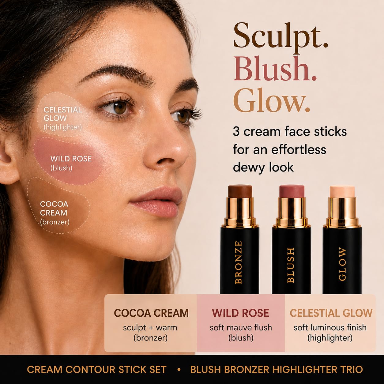 Phoenix Beauty Cocoa Cream bronzer stick close-up highlighting smooth, blendable texture