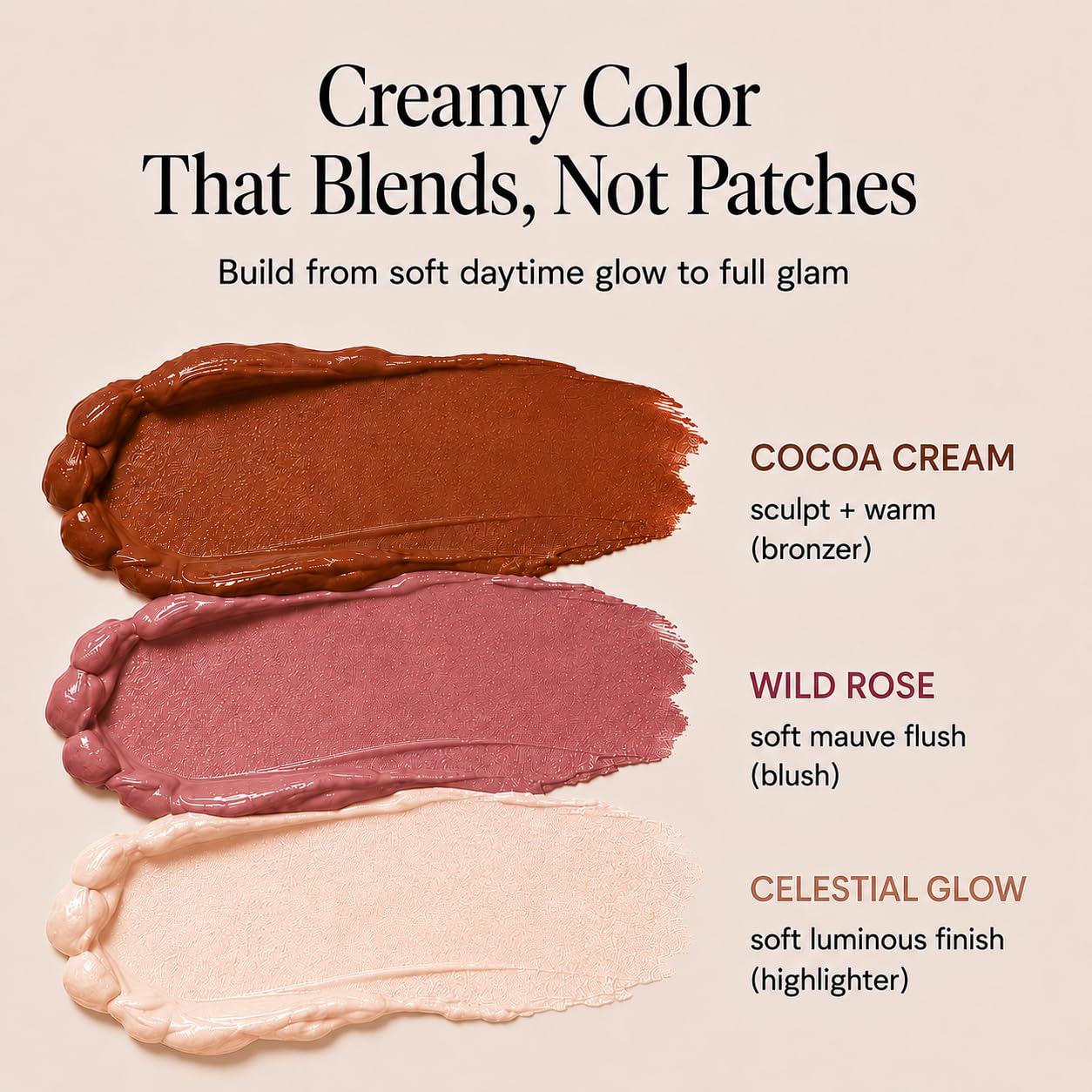 Phoenix Beauty Wild Rose blush stick texture shot demonstrating buildable mauve-rose payoff