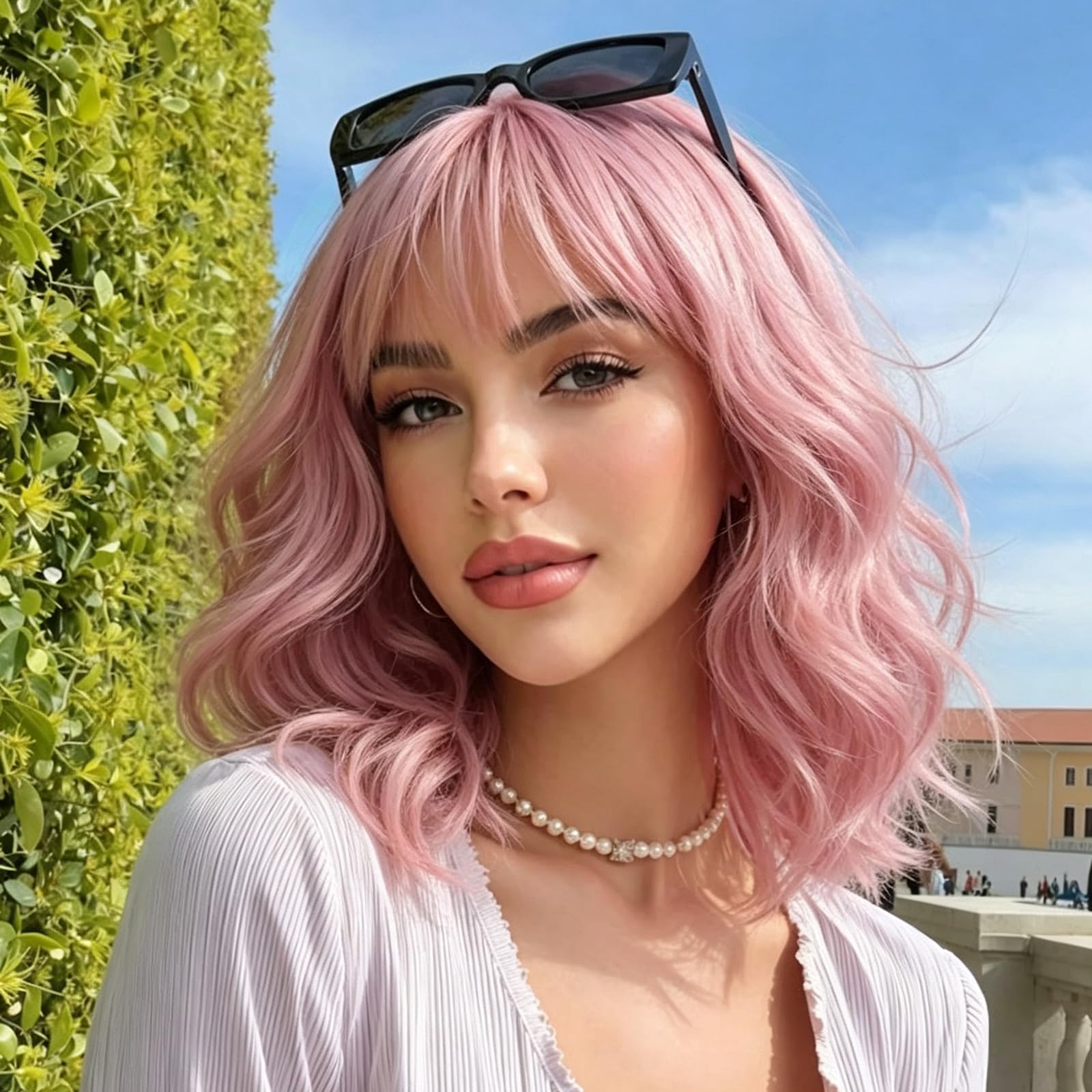 PHOENIXFLY front view pink wavy bob showing vibrant color and natural shape