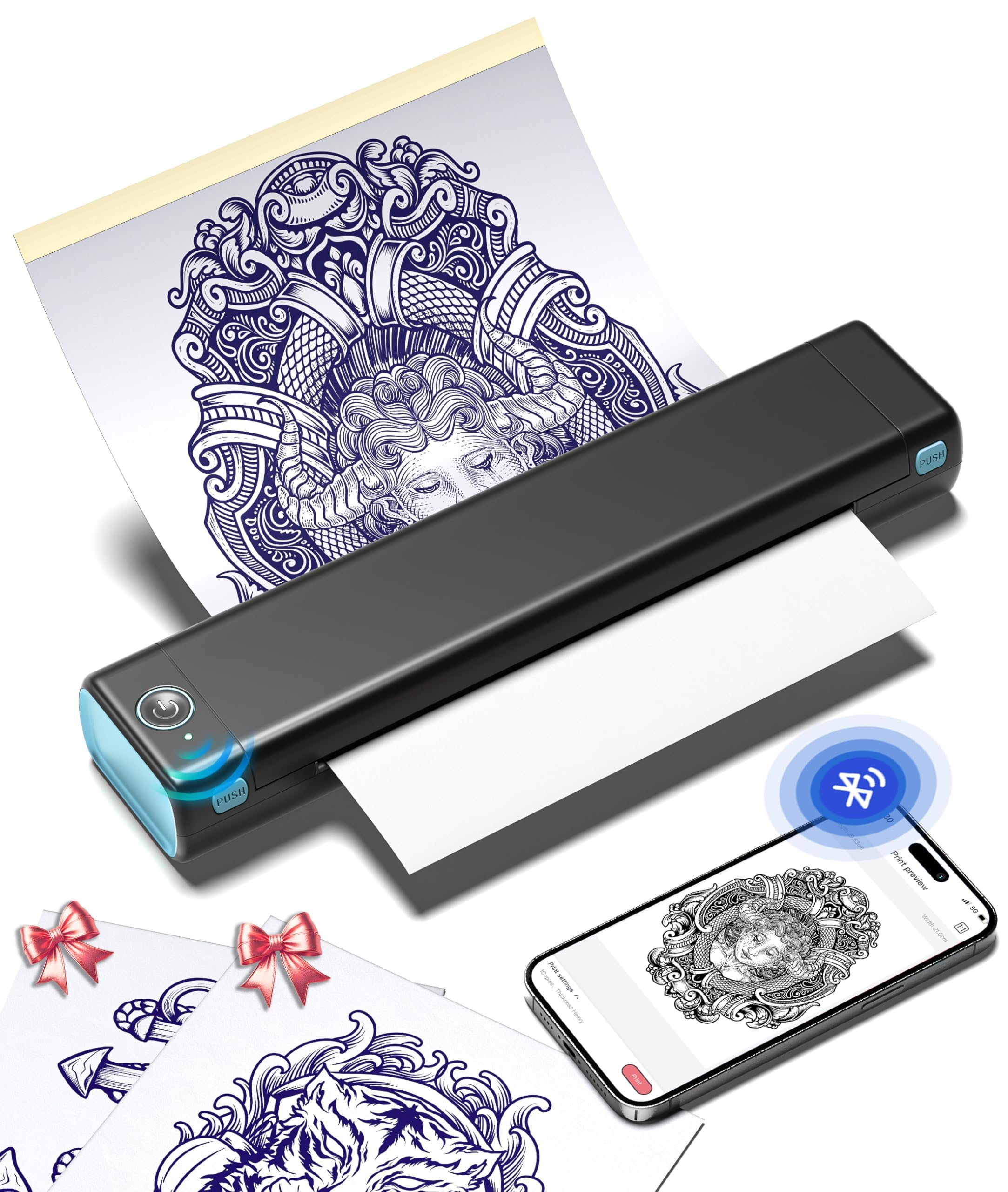 Phomemo M08F front view showing compact portable body and branding benefits convenience