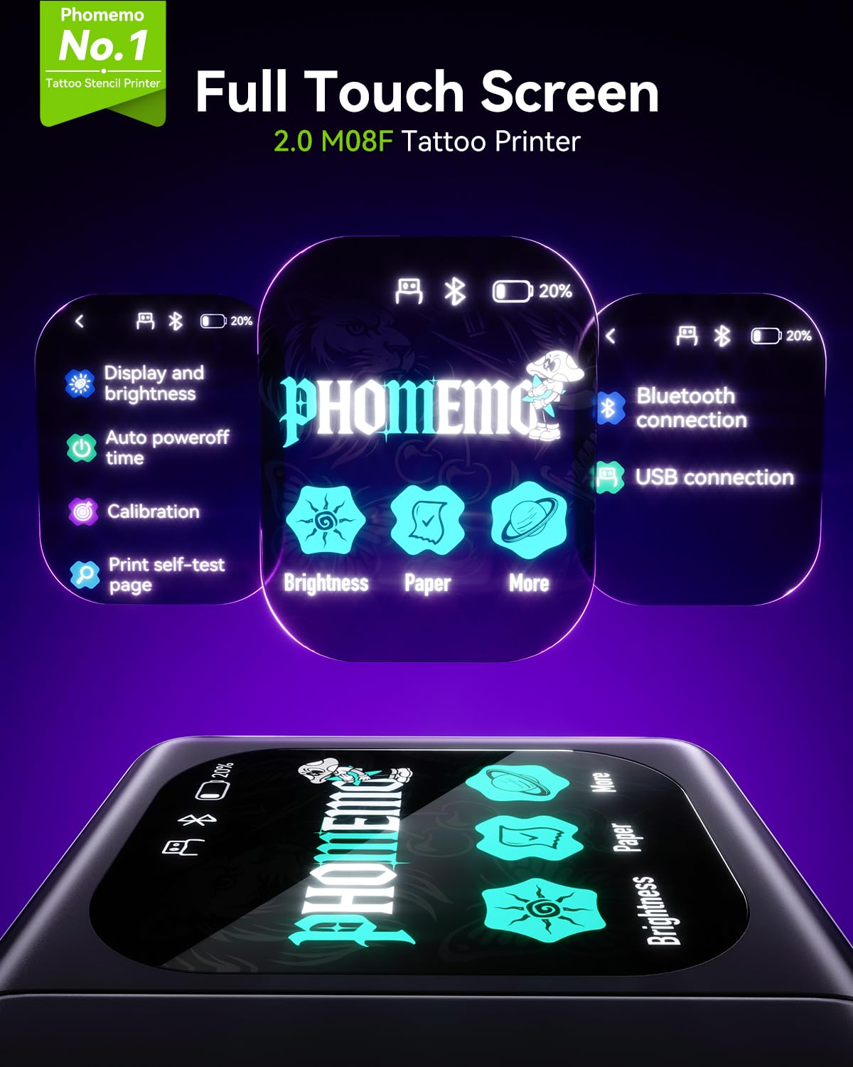 Phomemo touchscreen closeup displaying preview controls for faster stencil setup
