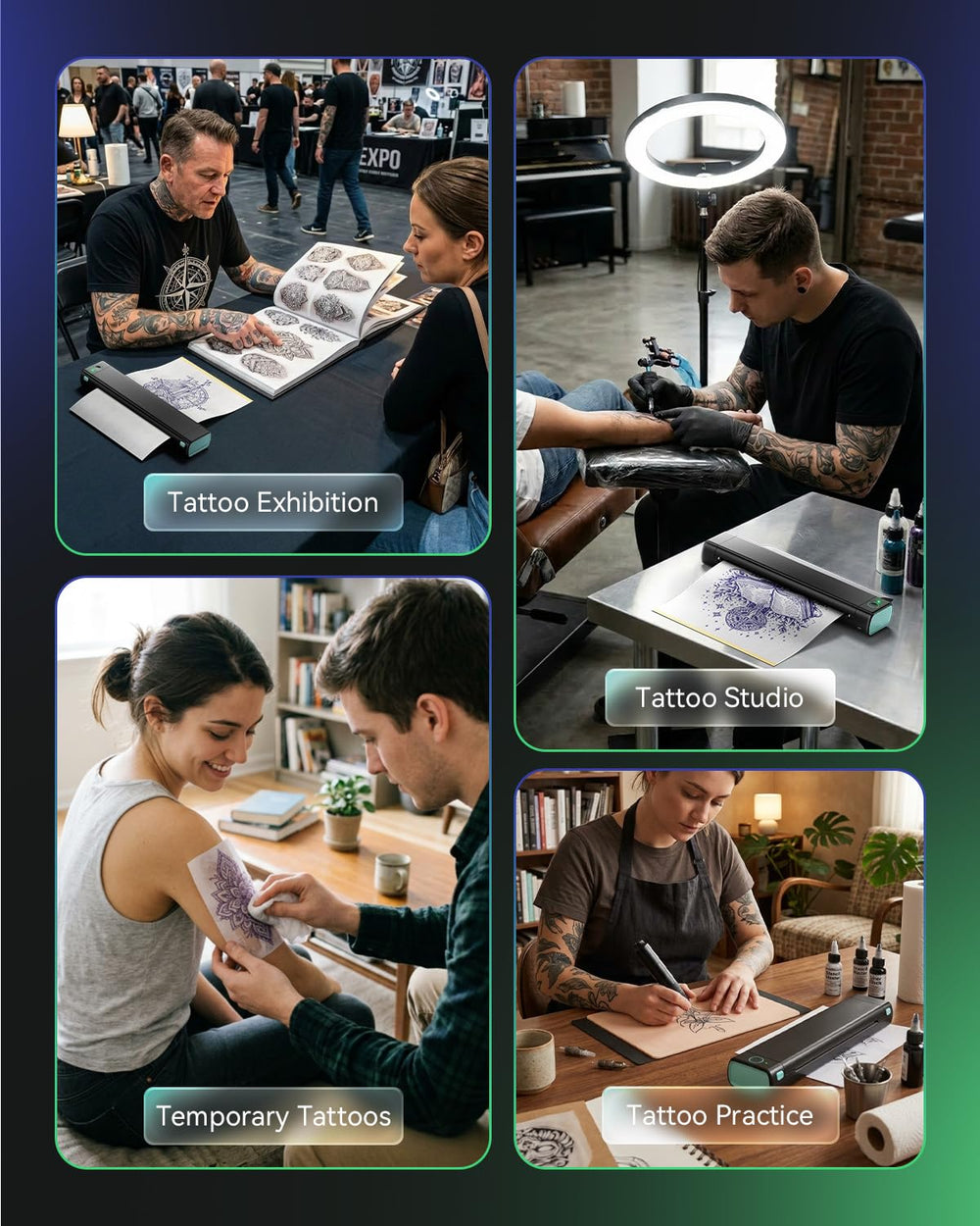 Phomemo M08F on tattoo workstation illustrating professional studio readiness