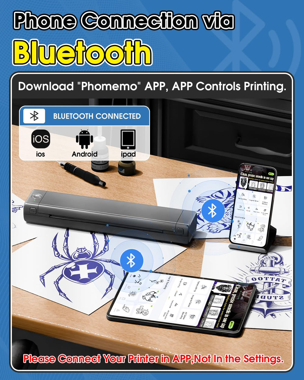Phomemo M08F thermal print detail showing crisp stencil lines