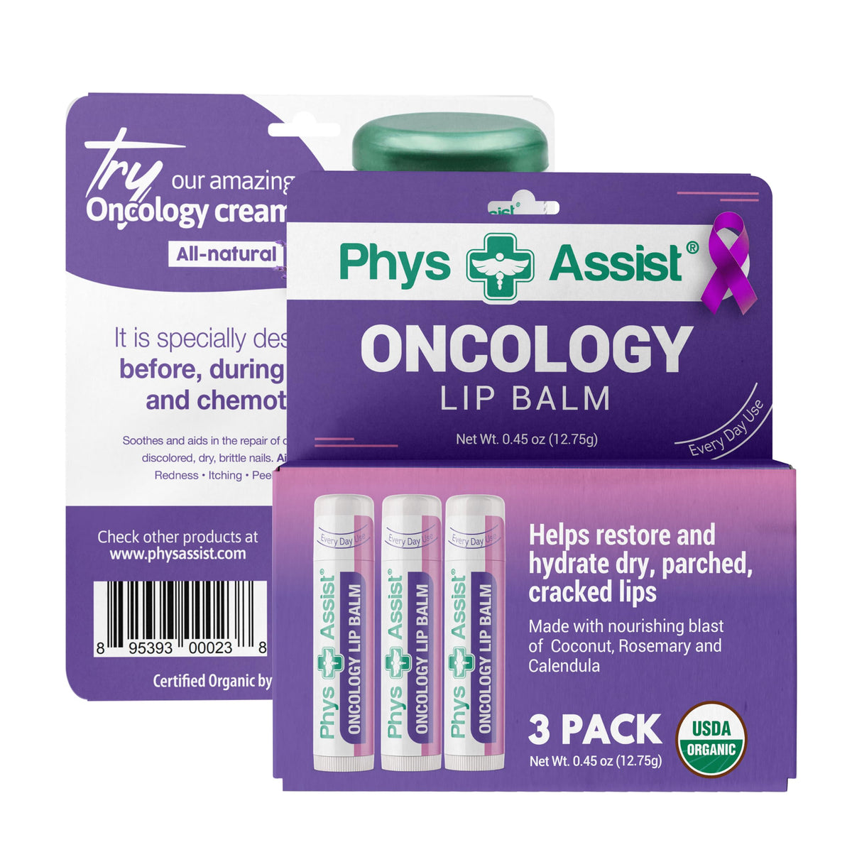 PhysAssist front packaging showing three organic lip balms for everyday hydration