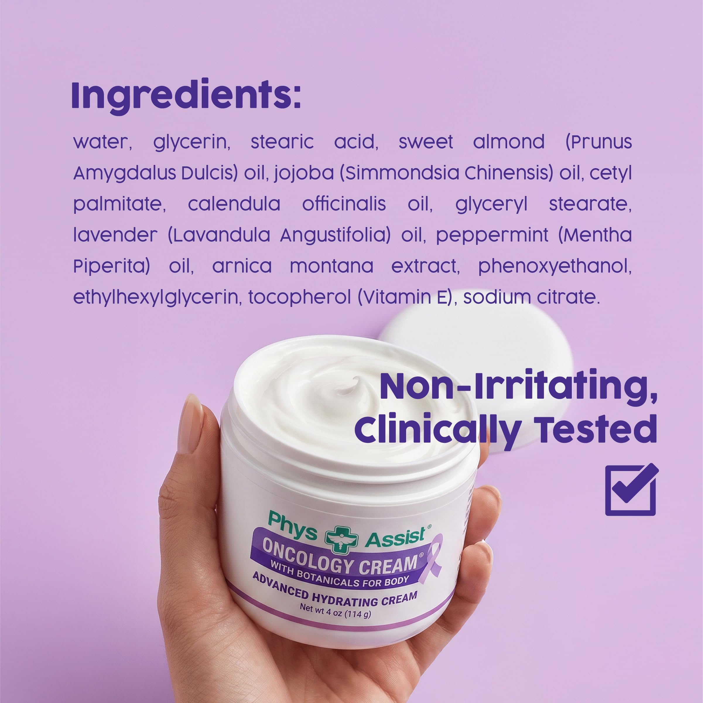 PhysAssist jar label close-up showing ingredients and non-irritant promise