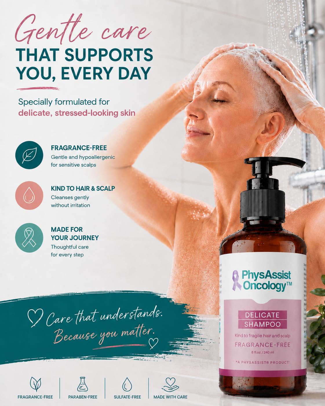 Shampoo being applied to wet hair showing PhysAssist supports gentle scalp cleansing