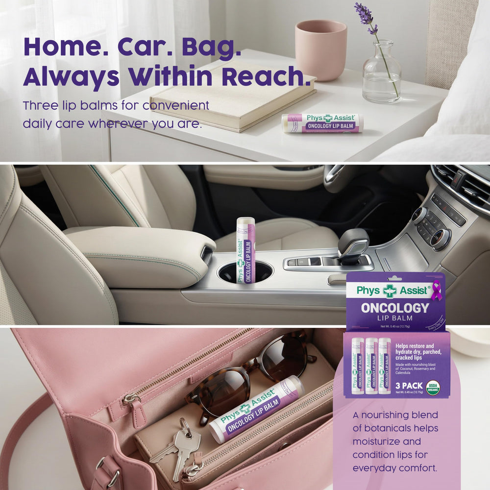 PhysAssist travel kit inside a bag showing convenient on-the-go lip care