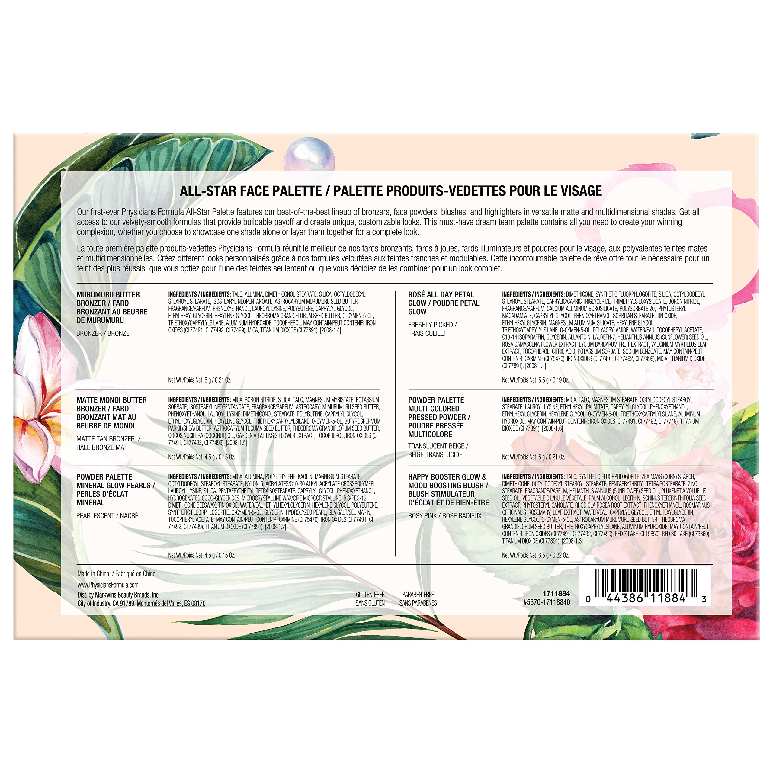 physicians formula product back label showing ingredient highlights and shade names