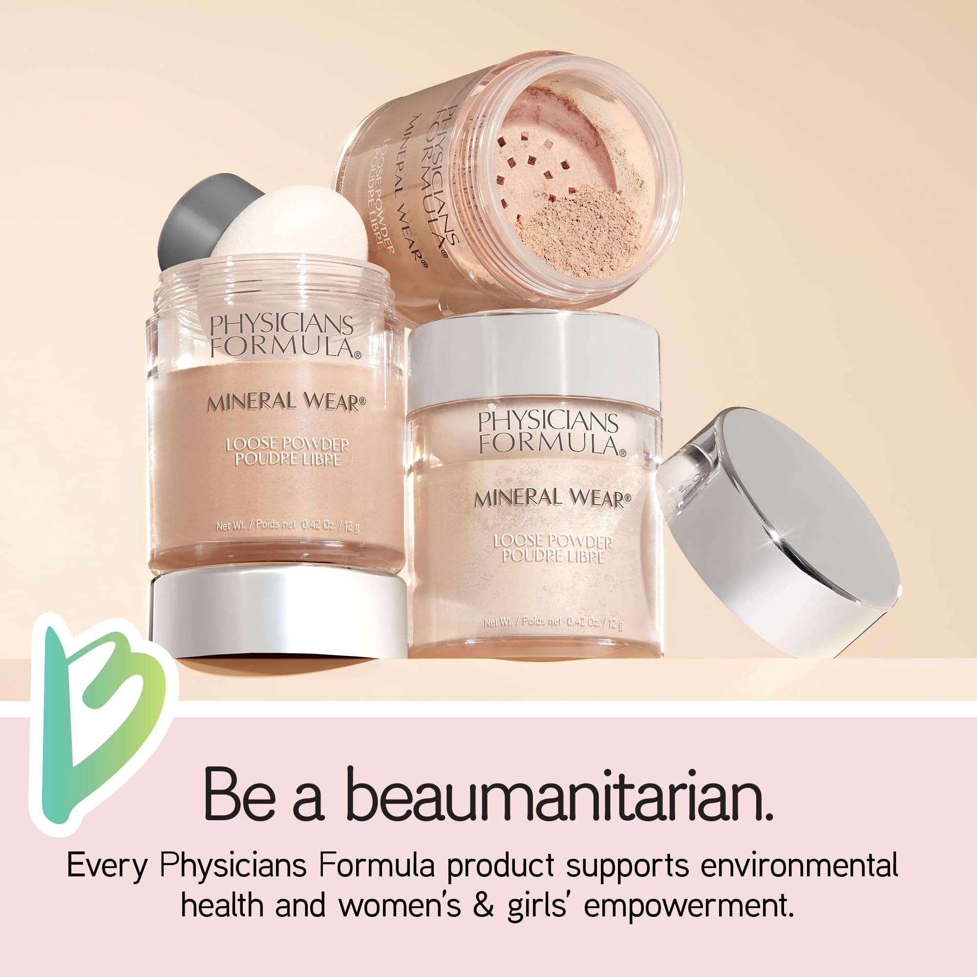 Physicians Formula loose powder beside brush showing product size and usage